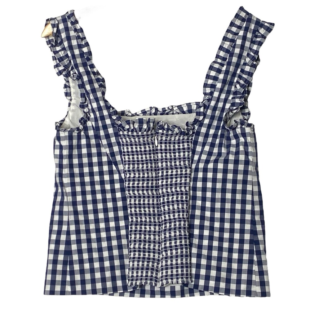 J.Crew Gingham Ruffle Strap Tank Top Womens S Blue Cottagecore Cropped‎ Country - Picture 3 of 12